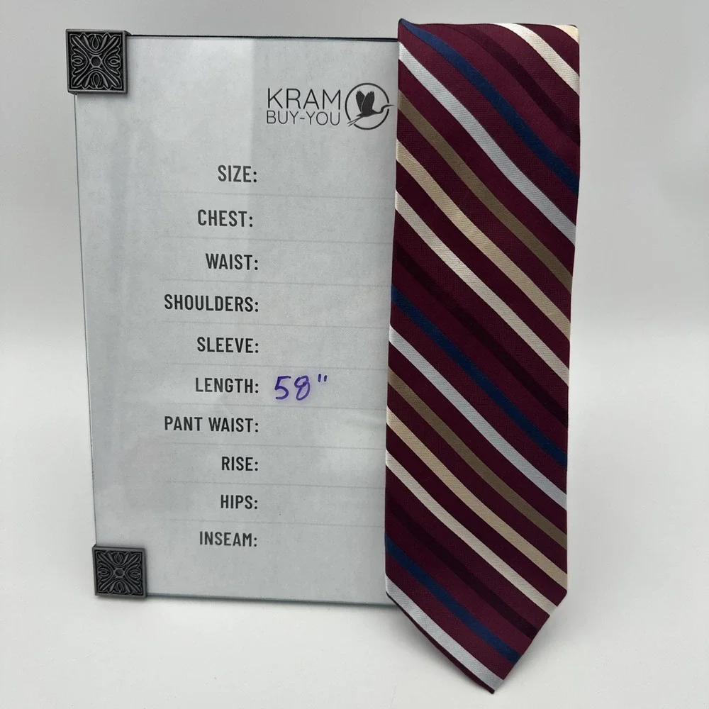 Jos. A. Bank Necktie Mens One Size Burgundy Striped Silk Hand Sewn 58‎ Inch NOS